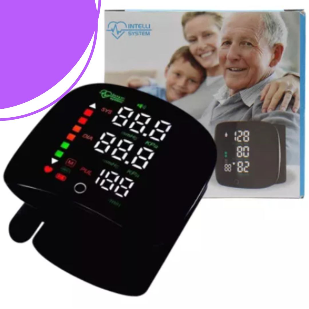 Monitor de presión arterial de muñeca, pantalla retroiluminada grande con brazalete ajustable transmisión de voz con estuche de transporte
