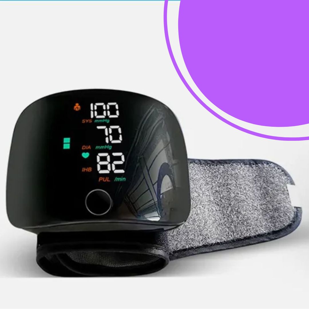 Monitor de presión arterial de muñeca, pantalla retroiluminada grande con brazalete ajustable transmisión de voz con estuche de transporte