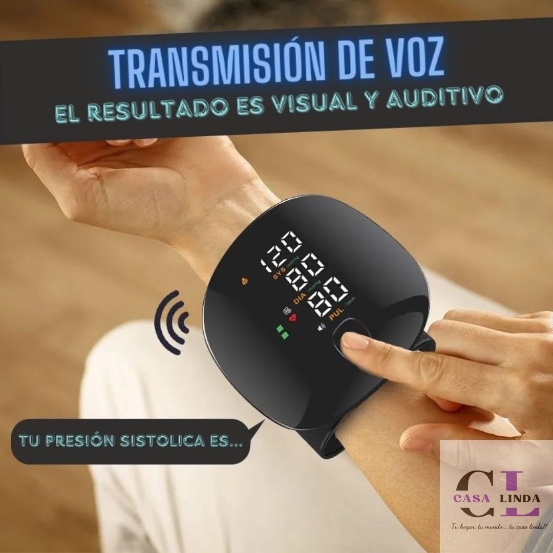 Monitor de presión arterial de muñeca, pantalla retroiluminada grande con brazalete ajustable transmisión de voz con estuche de transporte