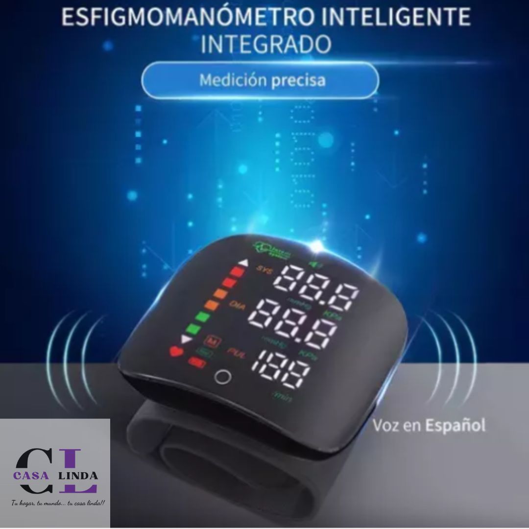 Monitor de presión arterial de muñeca, pantalla retroiluminada grande con brazalete ajustable transmisión de voz con estuche de transporte